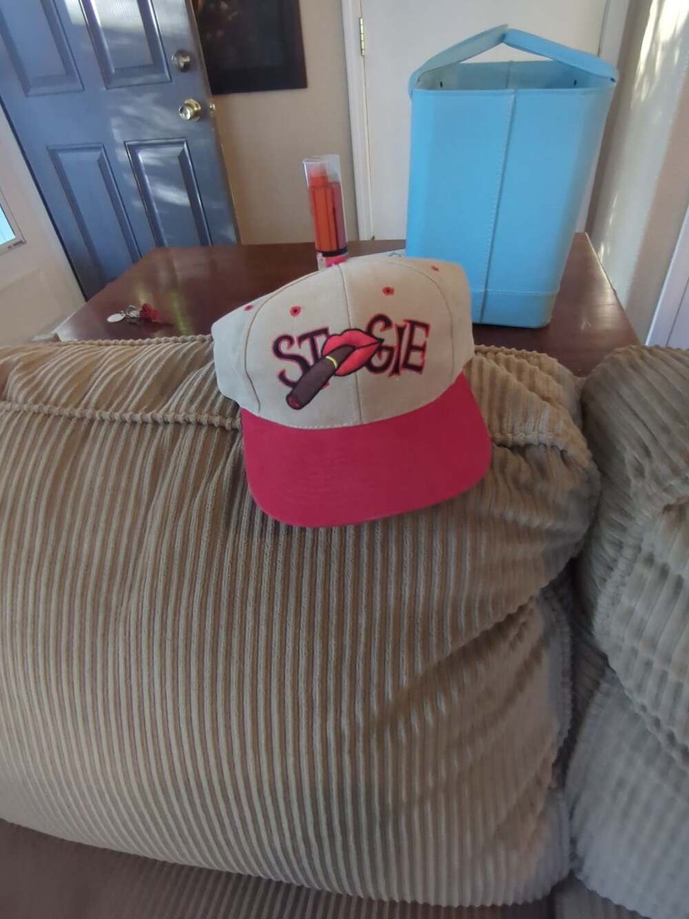 Stogie Snapback Hat Red Beige Lips Cigar Embroidered Cap
